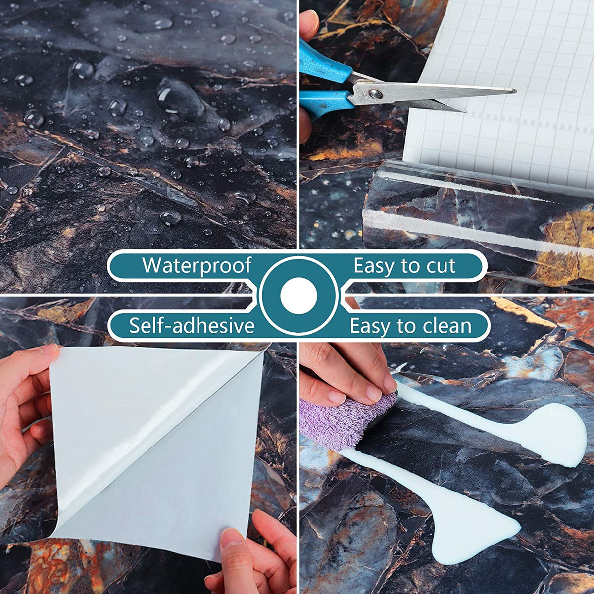 Glossy Blue Stone Marble Self-Adhesive Removable Wallpaper