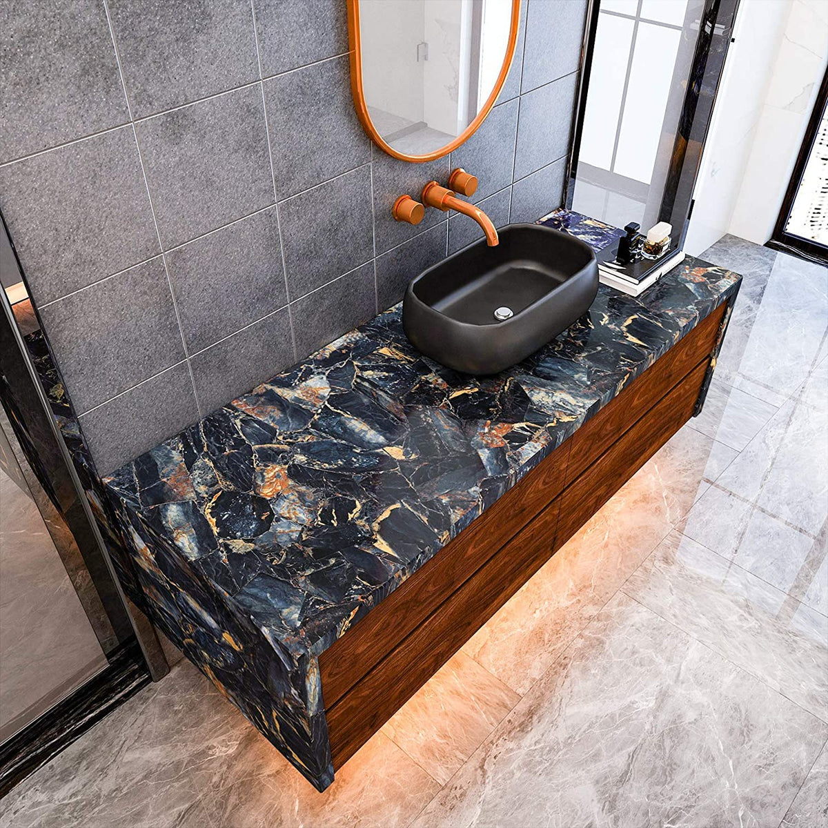 Glossy Blue Stone Marble Self-Adhesive Removable Wallpaper