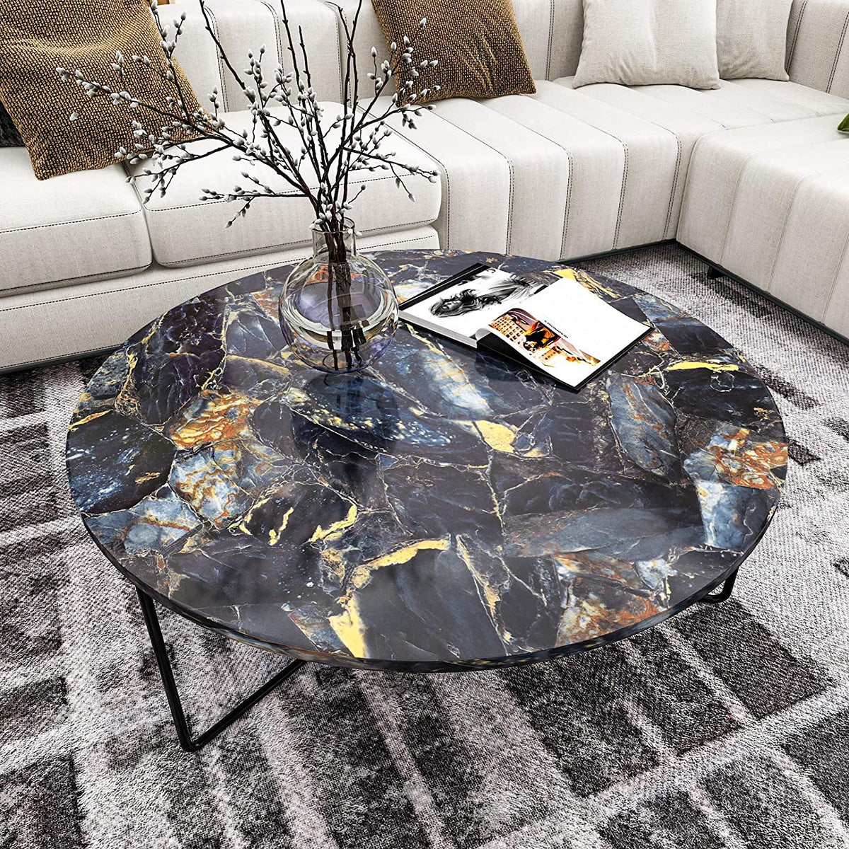 Glossy Blue Stone Marble Self-Adhesive Removable Wallpaper