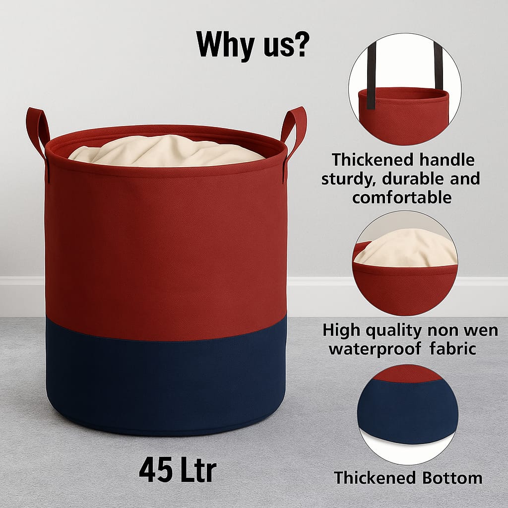 Maroon Blue Foldable Laundry Basket – 45L Large Capacity