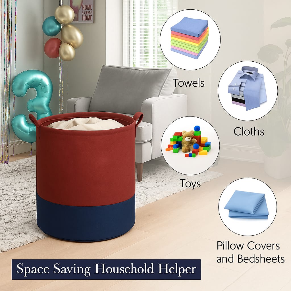 Maroon Blue Foldable Laundry Basket – 45L Large Capacity